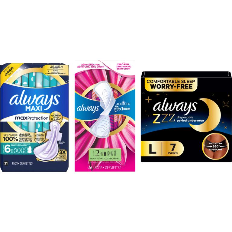 $1 off 1 ONE Always Maxi Pad Size 6, Always ZZZs OR Always Infinity, Radiant, Pure Cotton or Pocket Flexfoam Pads (excludes trial/travel size).