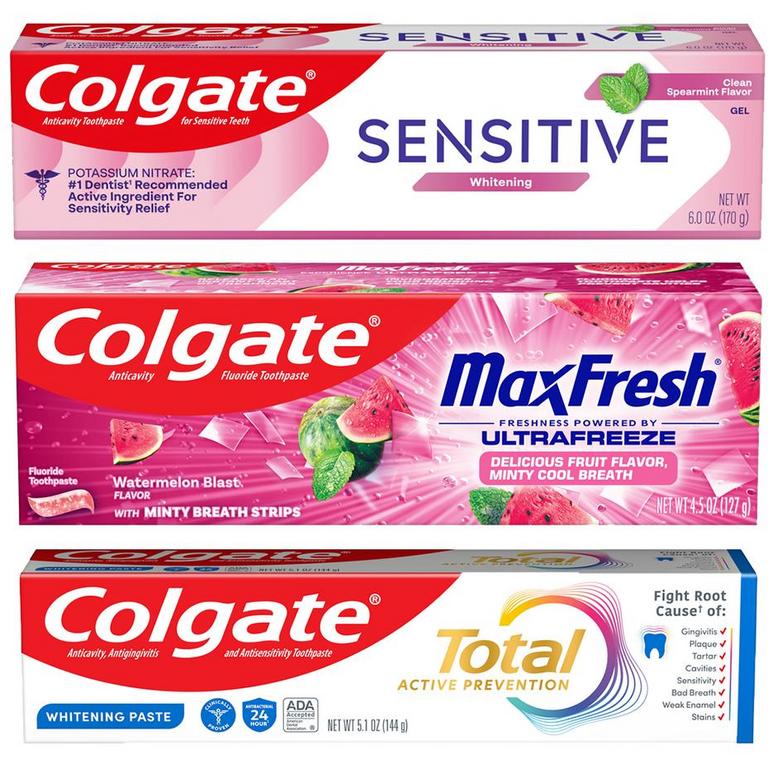 $3 off 2 On any TWO (2) Colgate Total (3.3oz or 5.1oz), Optic White Stain Fighter, Max Fresh or Sensitive Toothpastes (3oz or larger; excluding 3pack Toothpastes); Tom's of Maine (4.2-5.1oz) or hello (4.2oz) Kids Toothpastes