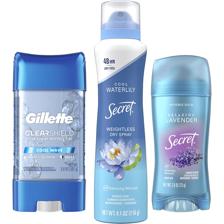 $5 off 3 THREE Secret Fresh, Outlast, Aluminum Free, Dry Sprays, Gillette Clear Gel Antiperspirant/Deodorant or Gillette Dry Spray Antiperspirant/Deodorant (excludes Gillette SkinShield Clear Gel 3.8oz and trial/travel size).
