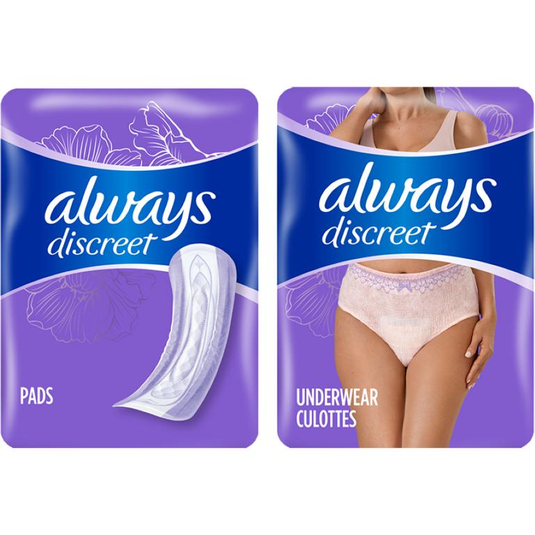 $7 off 2 TWO Always Discreet Pads 108ct, 64ct, 45ct, 42ct OR Always Discreet Base Underwear 22ct, 24ct, 26ct, 28ct, 32ct OR Always Discreet Boutique Underwear 16ct, 18ct, 20cts (excludes 108ct Moderate Pad eComm pack, all other Always Discreet counts, Always Discreet MaxiProtect and other Always products).