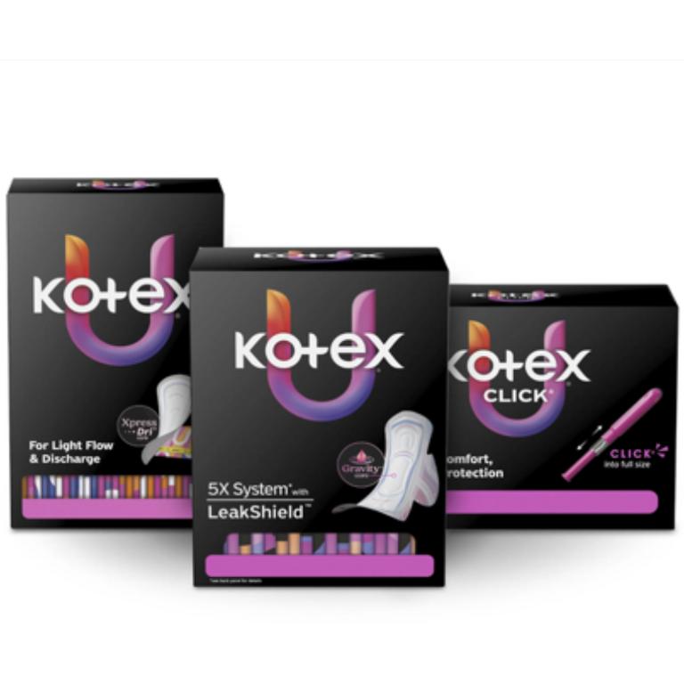 $1 off 1 on any ONE (1) package of Kotex® Pads or Liners or U by Kotex® Tampons (Not valid on Liv by Kotex® products, Kotex Liners 16ct or trial/travel packs.)