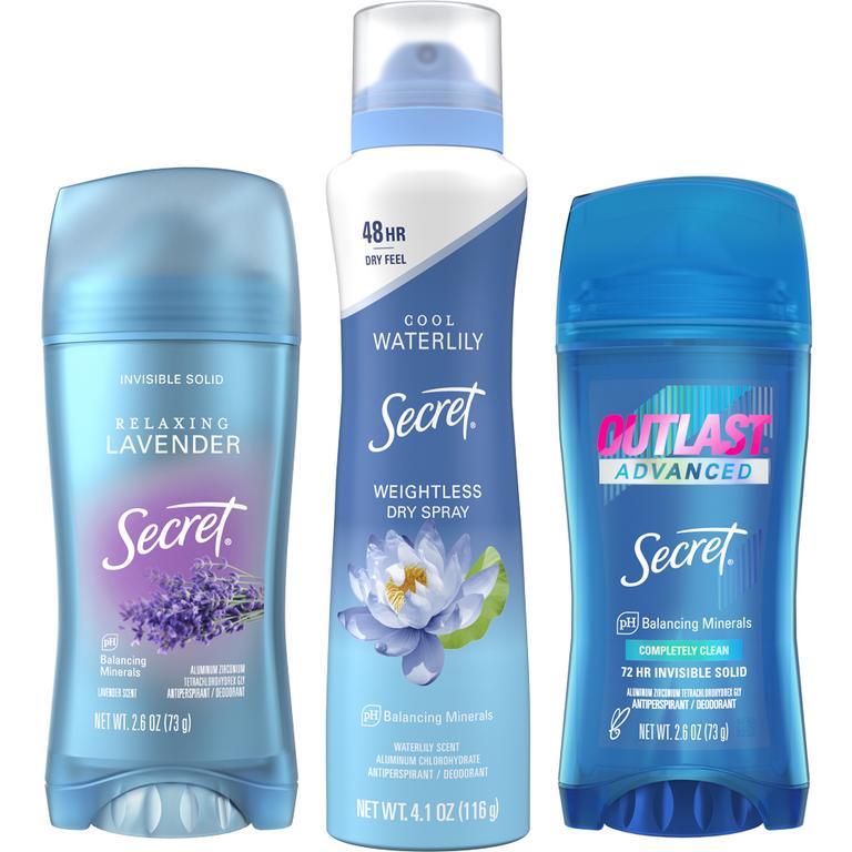 $5 off 3 THREE Secret Fresh, Outlast, Aluminum Free, or Dry Spray Antiperspirants/Deodorants (excludes trial/travel size).