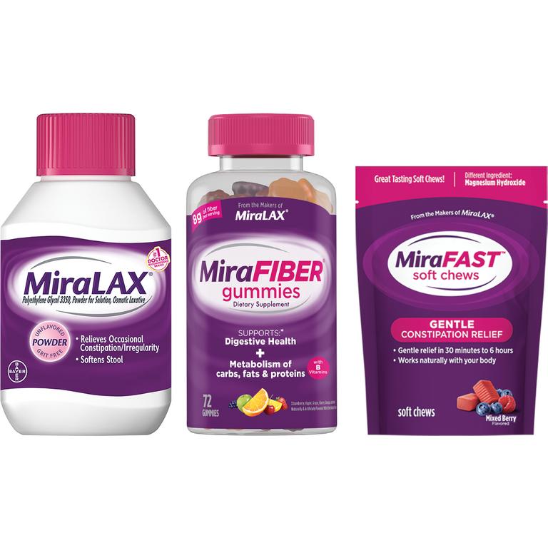 $3 off 1 on any ONE (1) MiraLAX® product 20ct+, Mix-Ins 20ct, MiraFIBER® Gummies 72ct, or MiraFAST™ 30ct+