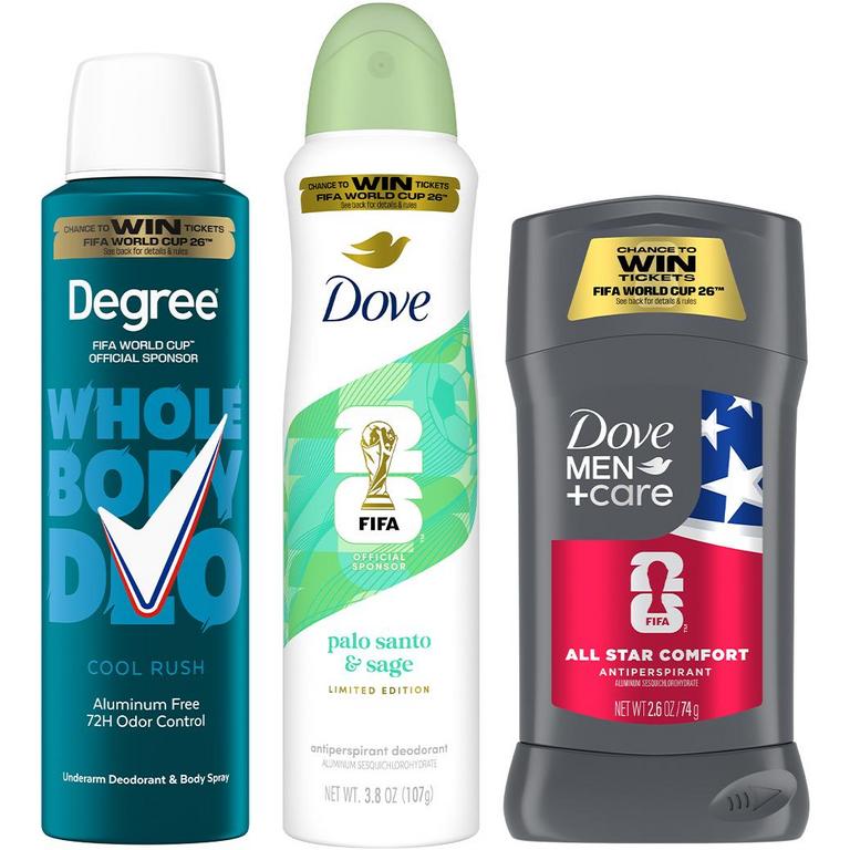 $10 off 2 on any TWO (2) FIFA World Cup Branded Dove, Dove Men+Care, or Degree Deodorant Products (excludes Any non-FIFA branded Items, Axe Deodorant Body Spray 2.9oz,Degree Twin Packs, & Degree 2.6 oz Sticks)