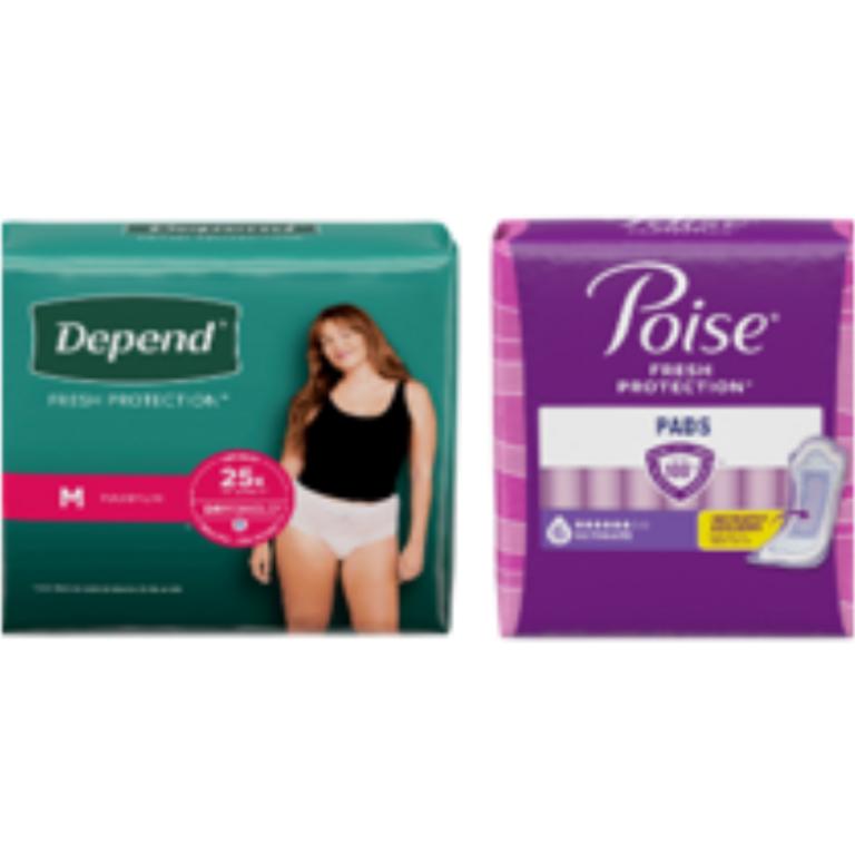 $2.50 off 1 on any ONE (1) pack of Poise® Pads (12 Ct+) or Liners (44 Ct+) OR any Depend® Product (8 Ct or larger). (Not valid on One™ by Poise®, Poise® Liners 8-30 Ct, or Depend® Postpartum)