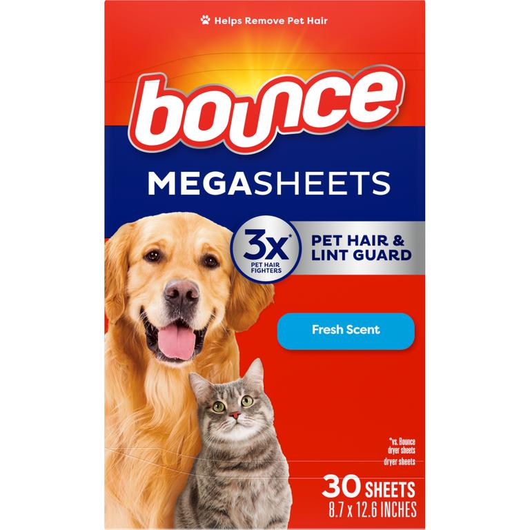 $0.75 off 1 ONE Bounce Mega Pet Hair and Lint Guard Fresh scent Sheets 30 ct OR Bounce Free and Gentle Sheets 60 ct OR Bounce Fresh Linen Sheets 60 ct OR Bounce Outdoor Fresh Sheets 60 ct Or Bounce Refreshing Breeze Sheets 60 ct (excludes travel size).
