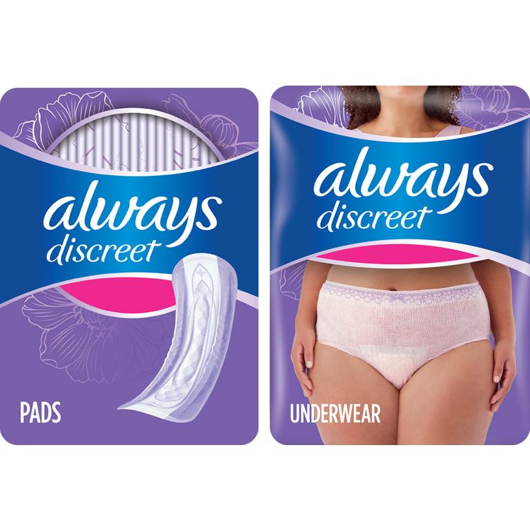 $9 off 2 TWO Always Discreet Pads 108ct, 64ct, 45ct, 42ct OR Always Discreet Base Underwear 22ct, 24ct, 26ct, 28ct, 32ct OR Always Discreet Boutique Underwear 16ct, 18ct, 20cts OR MaxiProtect 22, 24, 26ct (excludes 108ct Moderate Pad eComm pack, all other Always Discreet counts and other Always products).