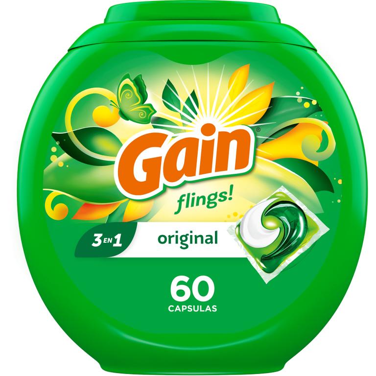$3 off 1 ONE Gain Flings Laundry Detergent 60 ct OR Gain Plus Flings 32 ct (includes Super Flings) (excludes Gain Liquid/Powder Laundry Detergent, Gain Liquid Fabric Softeners, Gain Fireworks, Gain Sheets, Gain Flings 9 ct and below and travel size).
