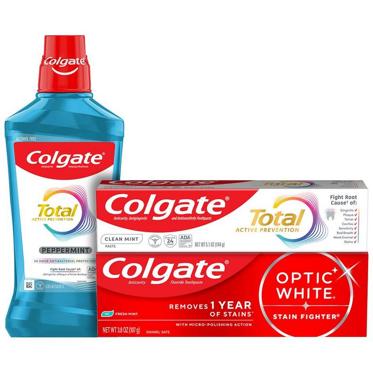 $4 off 2 On any TWO (2) Colgate Optic White Stain Fighter (3.8oz), Total (3.3oz or 5.1oz), Max Fresh (6.3oz), Sensitive (6oz) Toothpastes; Colgate 360° (1pk), Total Foaming (1pk) Manual Toothbrushes; Colgate Optic White (16oz), or Total (1L) Mouthwashes