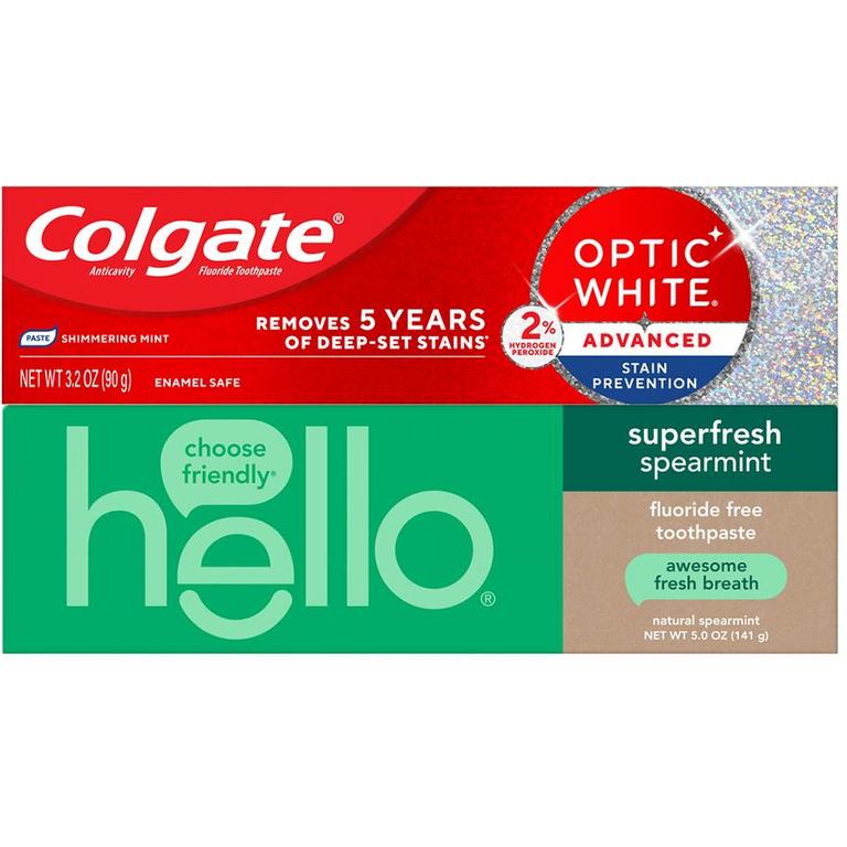 $6 off 2 On any TWO (2) Colgate Optic White Advanced (3.2oz), Charcoal (3.8oz), Purple (3.8oz), Sensitivity Relief (3.8oz), Colgate Total Plaque (3.0oz), Total Gum Pro (3.0oz), Total Sensitivity (3.0oz), hello Adult (5oz), hello Active Charcoal (4oz), or hello Vitamin C (4oz) Toothpastes