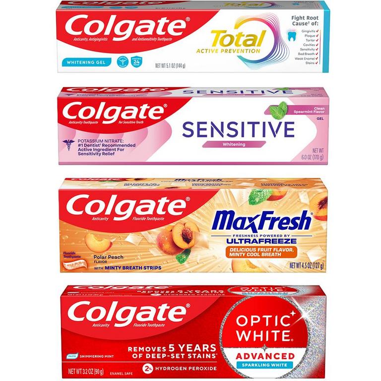 $4 off 2 On any TWO (2) Colgate Optic White Advanced, Purple, Charcoal or Sensitivity Relief, Colgate Sensitive, Max Fresh Fruit Fusion (4.5oz), Total (5.1oz), Gum Protect, Plaque Cleanse or Sensitivity Mineral Shield Toothpastes