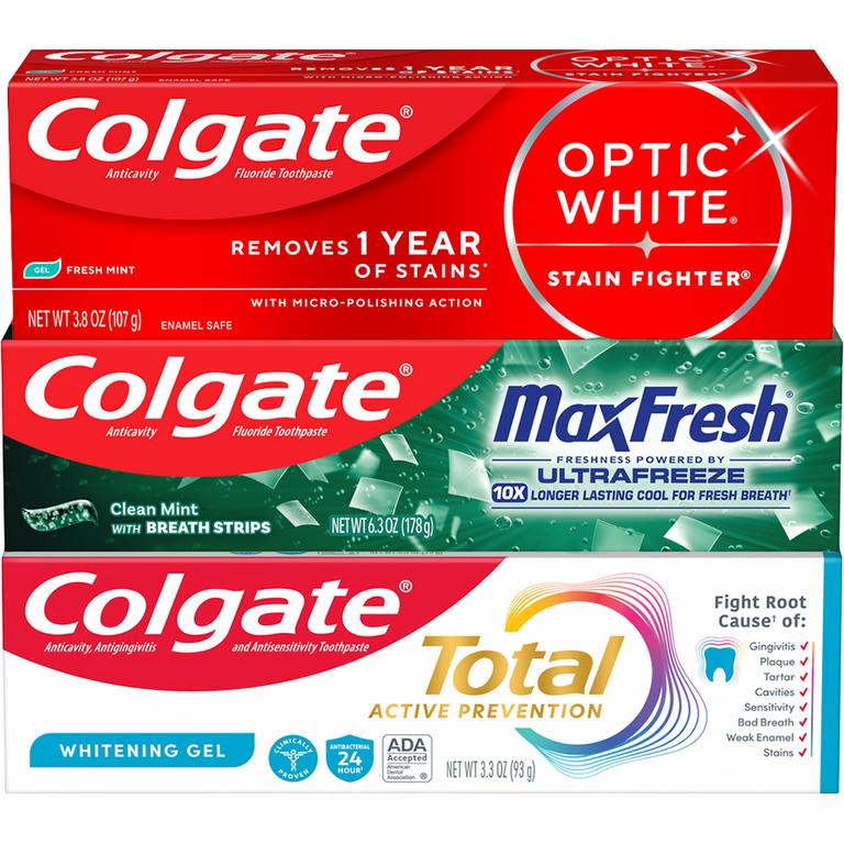 $3 off 2 On any TWO (2) Colgate Total (3.3oz ), Optic White Stain Fighter (3.8oz) or Max Fresh Toothpastes (4.6oz or larger; excludes 3pk Toothpastes)