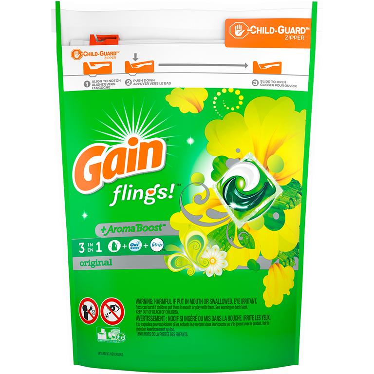 $1 off 1 ONE Gain Flings Laundry Detergent 14-19 ct OR Gain Plus Flings 9 ct (includes Super Flings) (excludes Gain Liquid/Powder Laundry Detergent, Gain Liquid Fabric Softeners, Gain Fireworks, Gain Sheets, travel size).